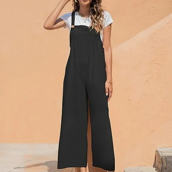 Unknown Pants - Jumpsuit Romper Overalls Black XL Button Top Bib Adjustable Wide‎ Leg Pleated